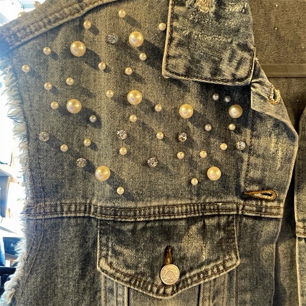 Women's Long Denim Vest with Pearl & Rhinestone Accents - Picture 4 of 9